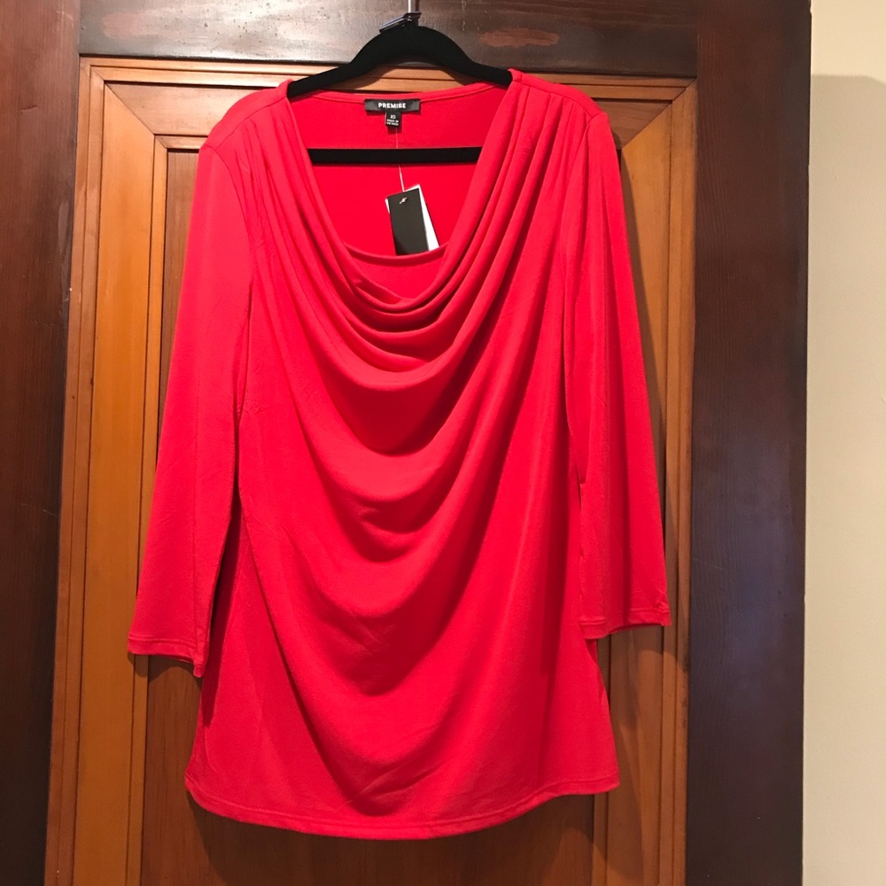 Red Silky Cowl Neck 3/4 Sleeve Top NWT